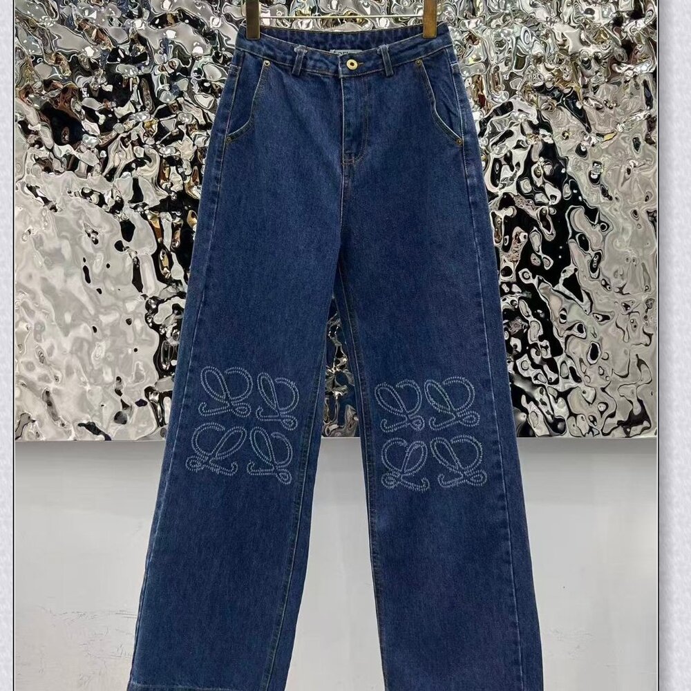Loewe Dark Blue Denim Wide-Leg Jeans with Embroidered Anagram